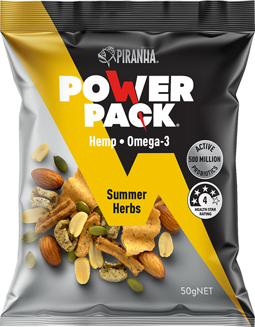 POWER PACK NUTS, SEEDS & MULTIGRAIN HEMP SOY SNACK MIX BBQ 50g PIRANHA
